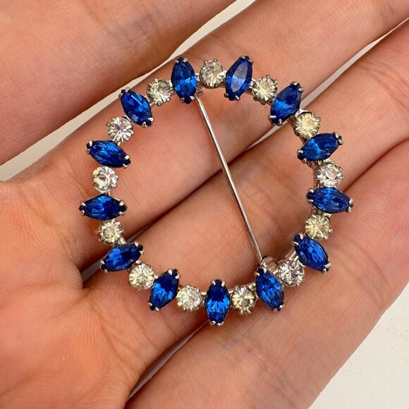 Sterling Silver 925 Blue & White CZ Alternating Circle Pin Brooch Size 1.25" - Picture 8 of 10